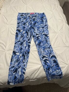 Lilly Pulitzer Blue & White Floral Print Wide-Leg Pants